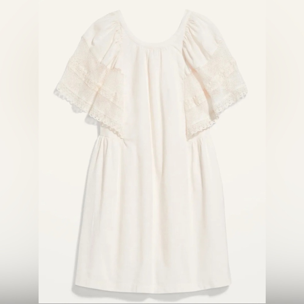 OLD NAVY Off-White Cream Flutter Lace Sleeve Swing Mini Midi Dress Open-Back M - Picture 6 of 16